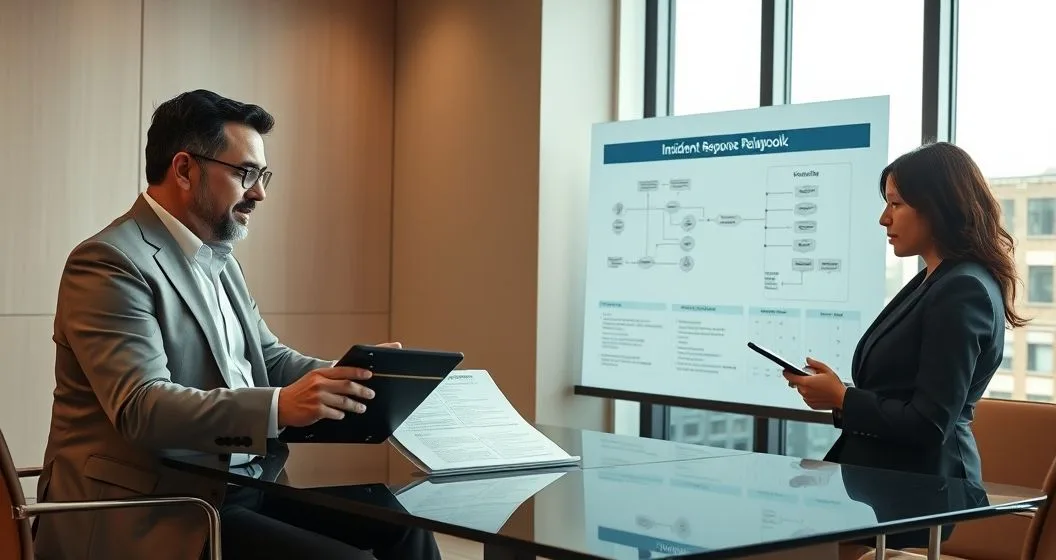 High net worth client and diverse advisors reviewing a response binder and tablet in a sleek private office