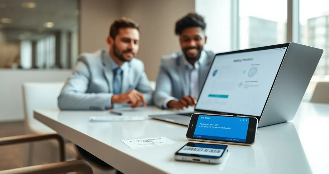 Tax advisor and client reviewing account security on a laptop with an Identity Protection PIN card and smartphone showing a security prompt