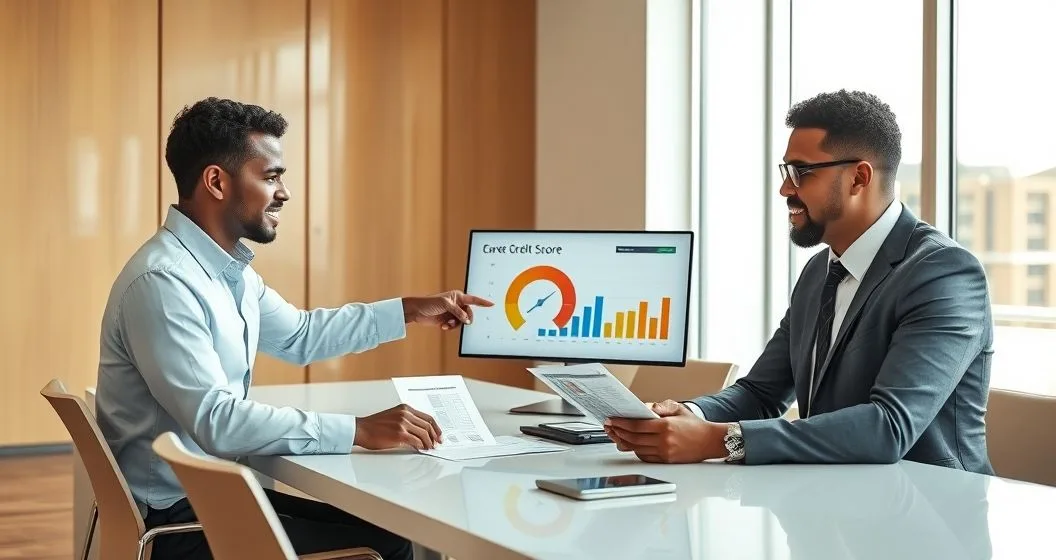 Financial advisor and client reviewing an abstract credit score chart on a laptop while examining a printed credit report at a clean conference table