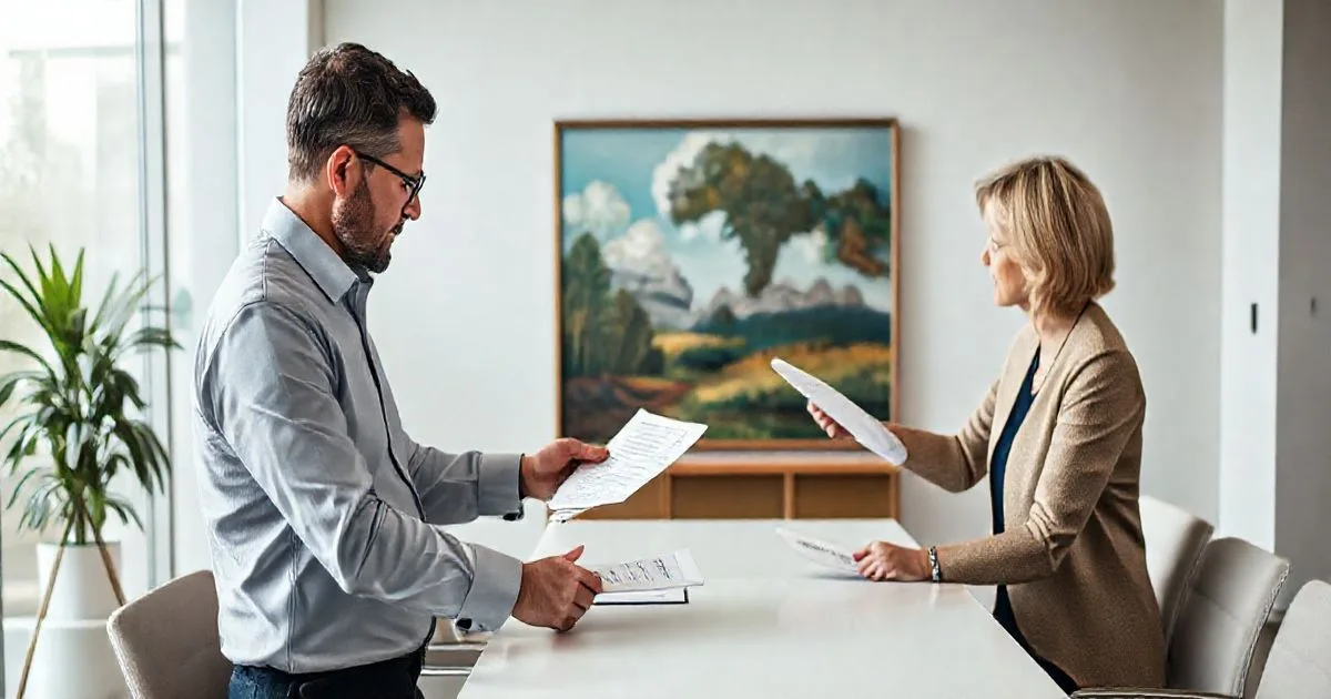 Appraiser examines a donated painting with charity representative and donor at a tidy conference table with valuation documents and receipts