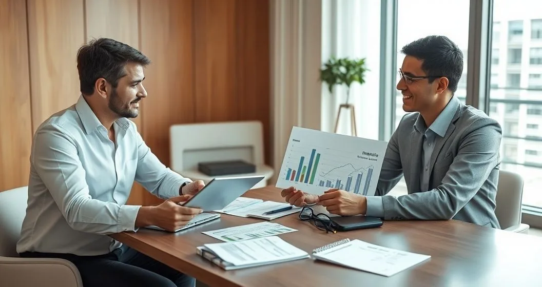 Financial advisor explains income driven repayment to a diverse borrower and spouse using a tablet with income charts while receipts and a small ledger illustrate self employment and fluctuating earnings.
