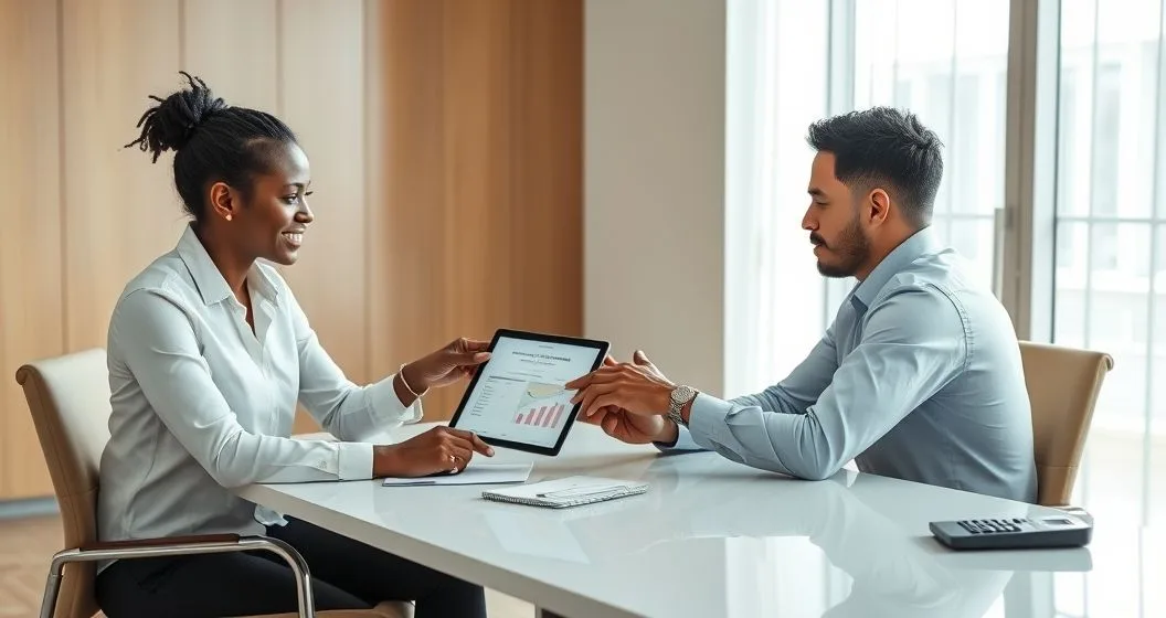 Financial counselor and borrower reviewing repayment options on a tablet in a modern office with a family photo and small shoe on the desk