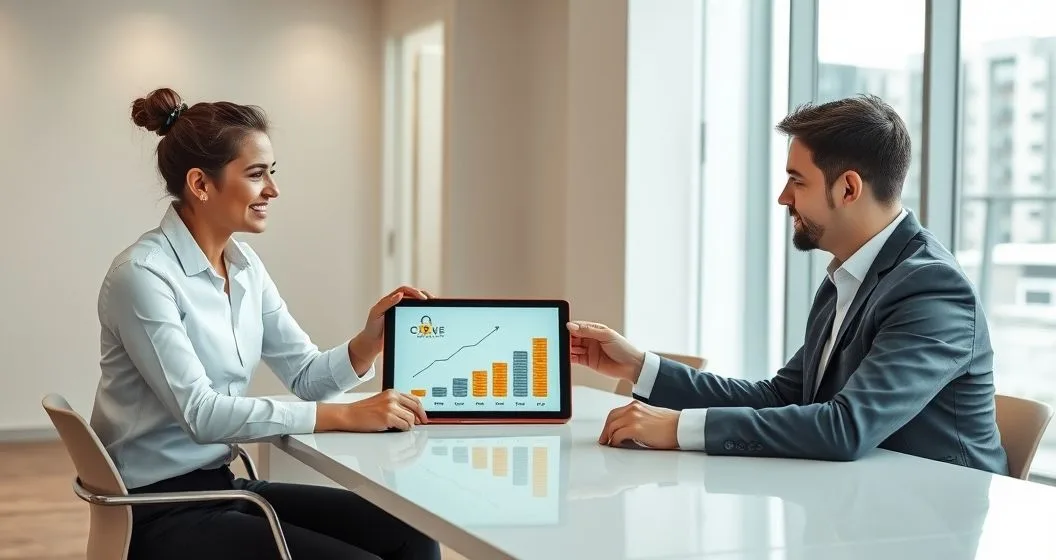 Financial advisor and borrower reviewing a tablet with a falling payment chart, calendar timeline, shrinking coin stacks and an unlock symbol in a modern office.