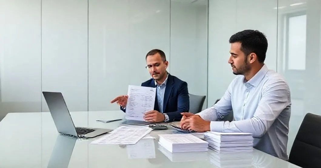 Financial advisor and borrower reviewing projected income documents and a spreadsheet in a modern conference room