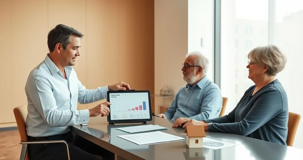 Financial advisor shows a retired couple a tablet with a monthly cash flow chart while a house model and bond certificate sit on the table in a modern office.
