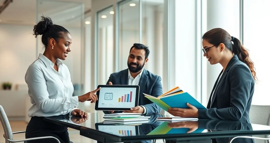 Benefits advisor shows two clients a tablet with a small calendar icon for short term coverage and a long timeline graphic for long term coverage while they review color coded folders in a modern conference room