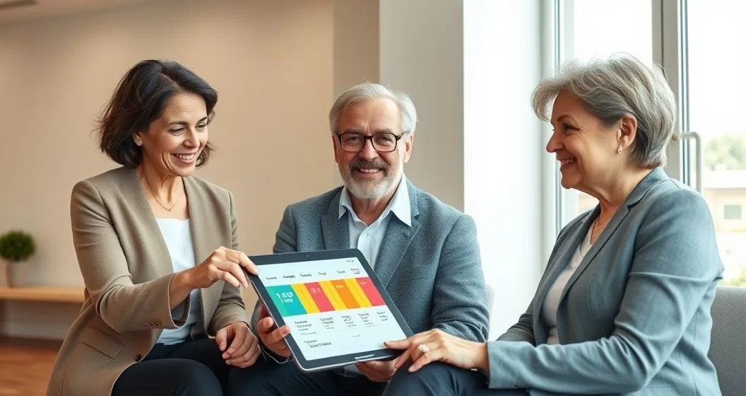 Financial advisor and near retiree couple review a tablet with a color coded timeline showing staggered income sources for the transition year in a modern office