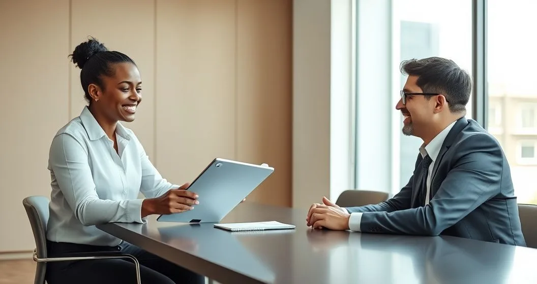 Loan officer and underwriter at a clean conference table reviewing a tablet and folder marked with a checkmark seal while a borrower looks relieved