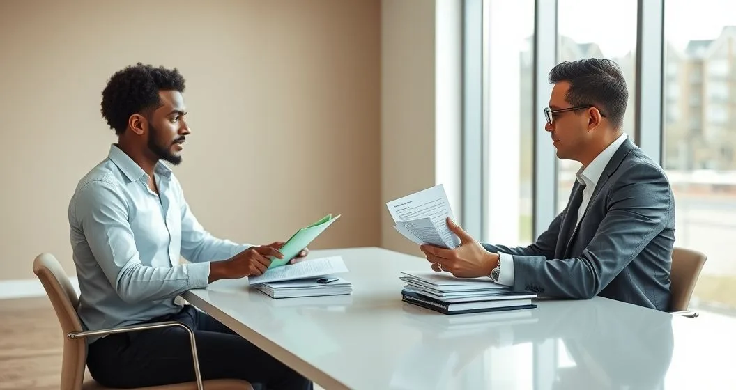 Loan servicer and borrower reviewing tax returns W-2 and pay stubs at a clean desk in a modern office
