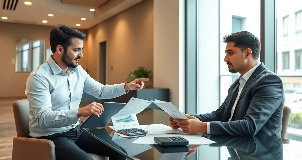 Loan officer pointing at a tablet showing a fluctuating income chart while an applicant looks on in a sleek bank office