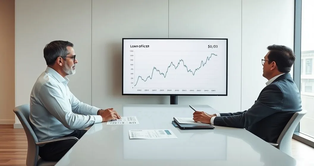 Loan officer gestures at a volatile income chart on a screen while a client reviews financial statements across a conference table in a modern office
