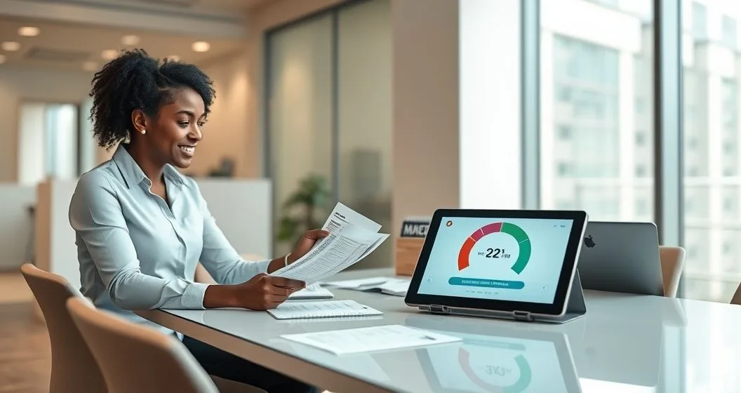 Borrower hands a W-2 to a loan servicer who points to a tablet showing a reduced payment gauge