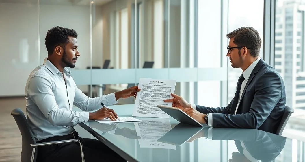 Two professionals reviewing a commercial loan contract highlighting the indemnity clause in a modern conference room