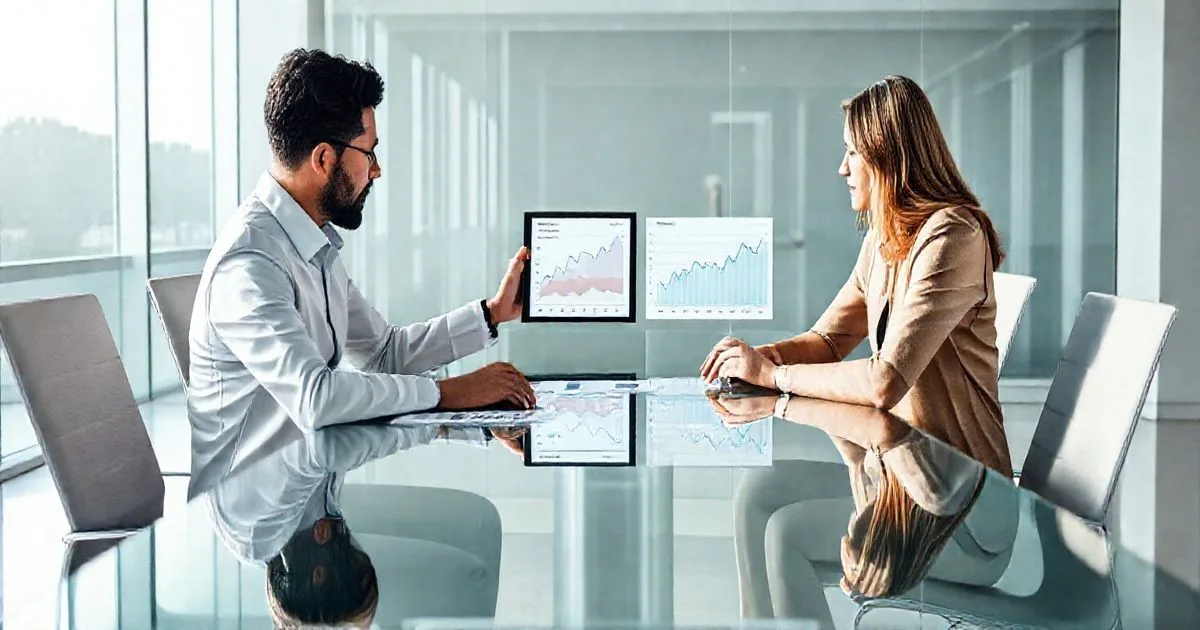 Advisor and two clients reviewing tablet with side by side charts comparing flat fixed rate and rising variable rate