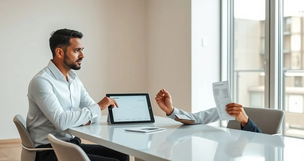 Financial advisor points to a tablet with a rising price chart and falling purchasing power graphic while a client holds a receipt and wallet in a modern office.