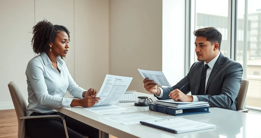 Taxpayer and tax attorney reviewing Form 8857 and supporting documents at a conference table with a calendar showing a deadline.