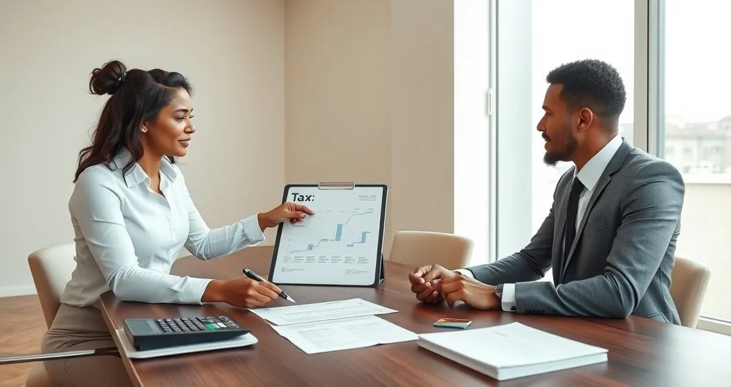Tax advisor and client reviewing a monthly tax payment plan at a modern office table with calendar tablet calculator and folders