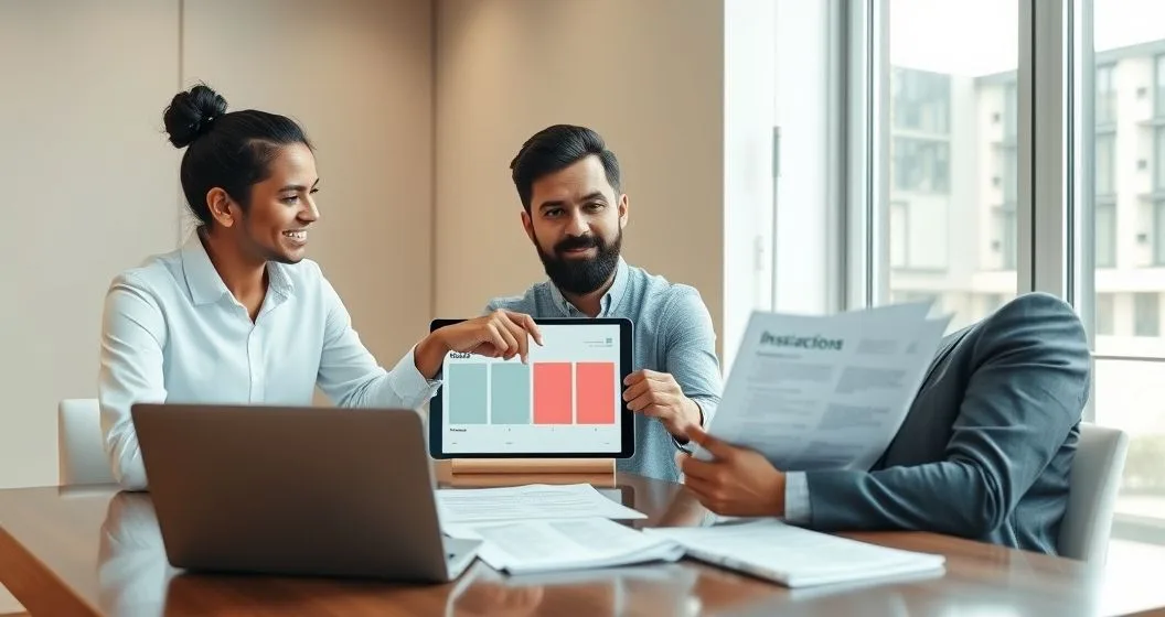 Insurance advisor points to tablet showing highlighted coverage gaps as client reviews policy documents at a conference table.