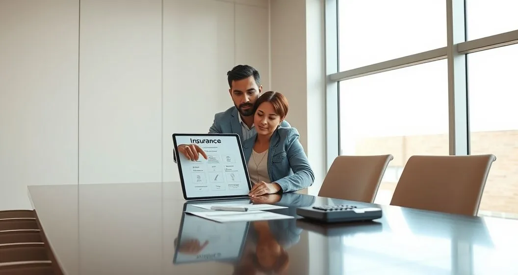 Financial advisor and couple reviewing an insurance checklist on a tablet with policy folders in a modern office
