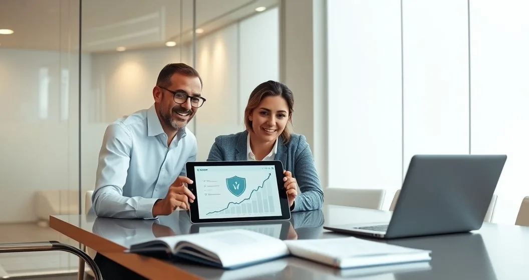 Advisor showing a tablet where a shield symbol merges into an upward investment chart to a diverse couple in a modern office
