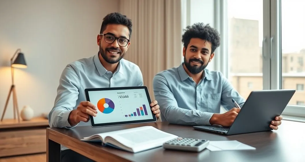Financial advisor and client at a modern desk reviewing charts on a tablet while the client takes notes with a phone and calculator nearby.