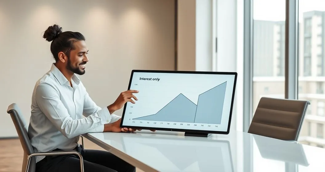 Mortgage advisor with clients reviewing tablet displaying low initial payments and a later payment spike illustrating benefits and drawbacks of interest only refinance