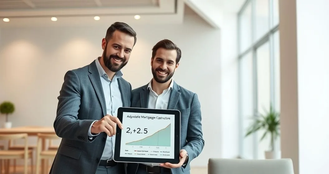 Mortgage advisor points to a tablet displaying a cap structure 2 2 5 and a bounded rate chart while a diverse couple listens in a modern office