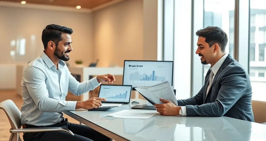 Mortgage advisor and diverse couple at a modern conference table reviewing a laptop with a break even timeline chart and loan documents while using a calculator