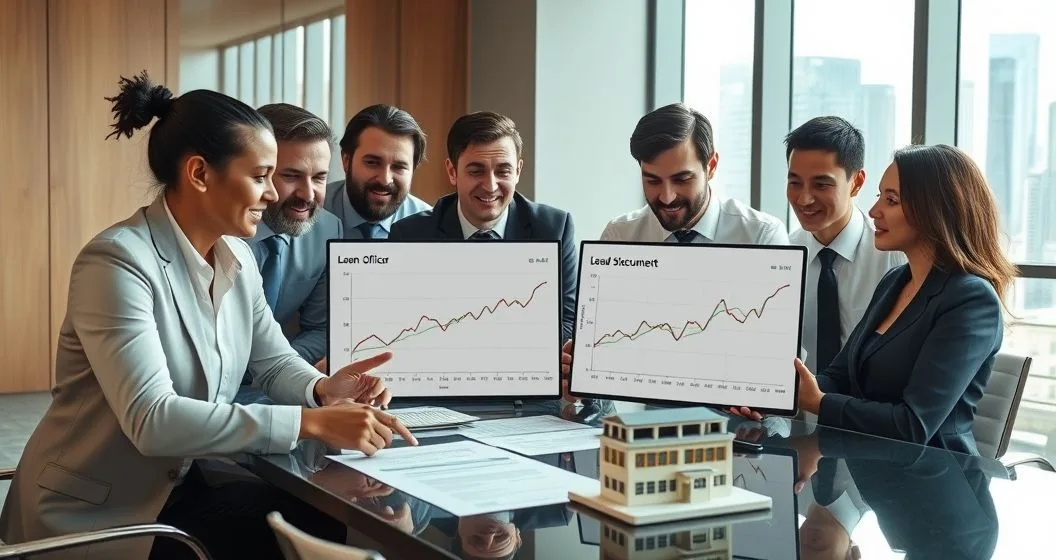 Diverse finance team in boardroom examining a tablet with fixed and floating rate graphs and a swap overlay, loan documents and commercial building model on table