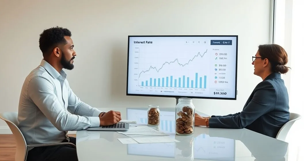 Financial advisor showing interest rate trends on a screen to two clients with loan documents calculator and a jar of coins on the table