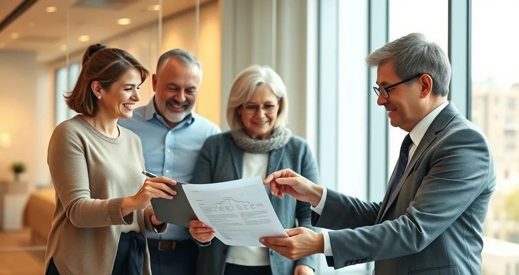 Parents and adult child meet with a financial advisor in a modern office reviewing a tablet and signing documents to plan transfers and financial education