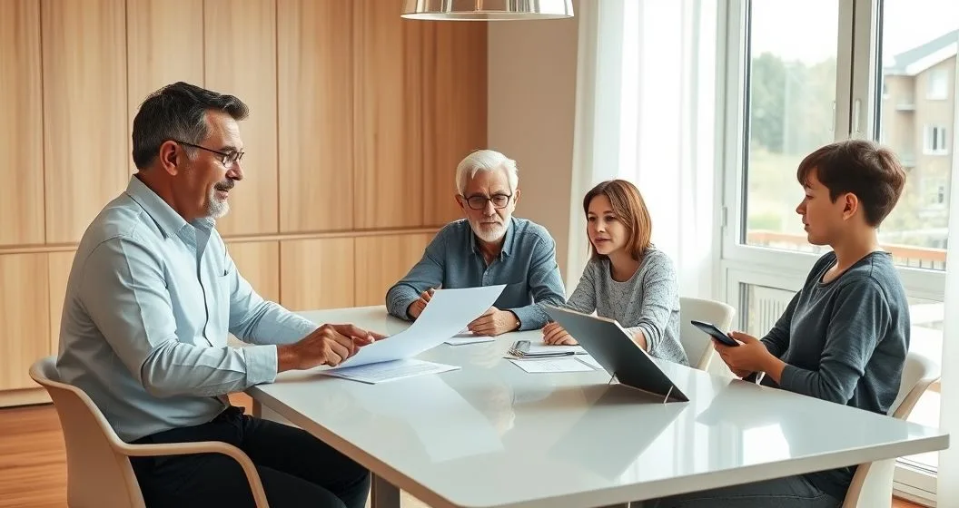 Three generation family with a financial advisor discussing documents at a table in a bright professional home study