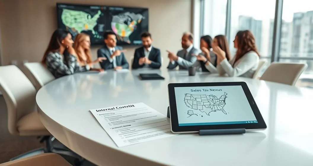 Diverse finance team reviewing a printed checklist and tablet showing sales tax jurisdictions in a modern conference room