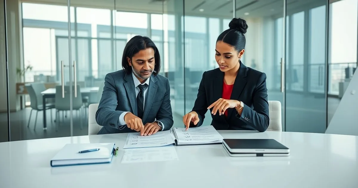 Two finance professionals reviewing an internal controls checklist and cross checking a laptop in a bright modern boardroom