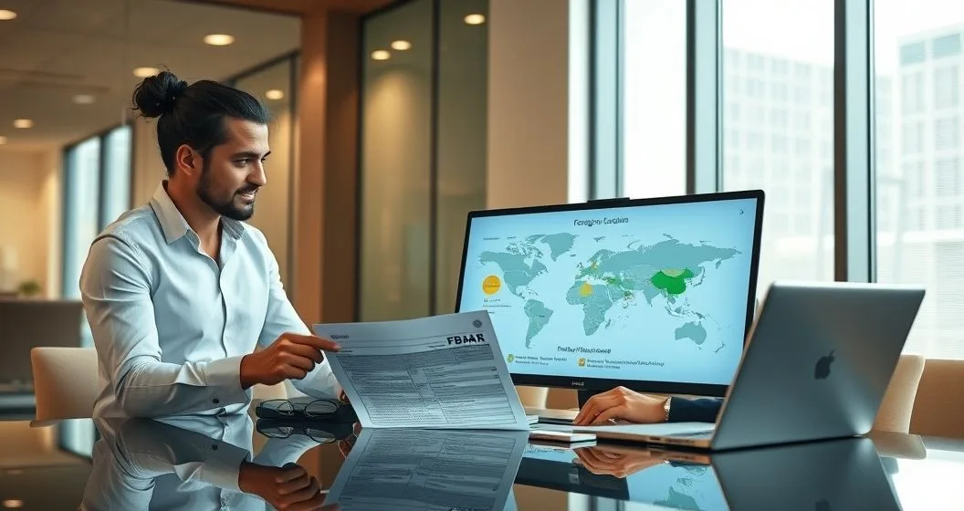 Tax advisor and diverse couple review Form 1040 and laptop map of foreign accounts in a modern office