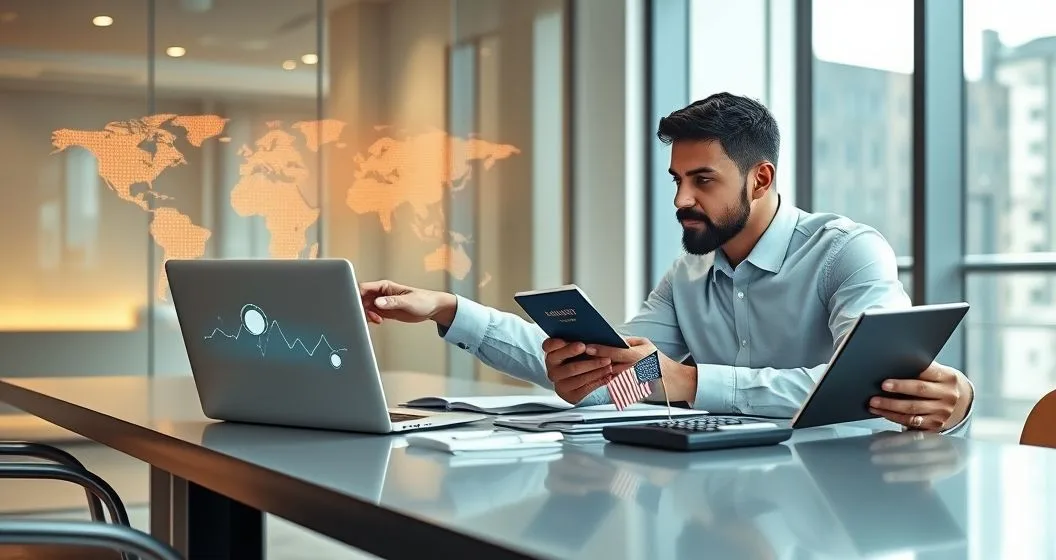 A financial advisor points at a laptop displaying a glowing world map while a diverse expatriate investor holds a passport and reviews documents at a modern conference table with a world map in the background