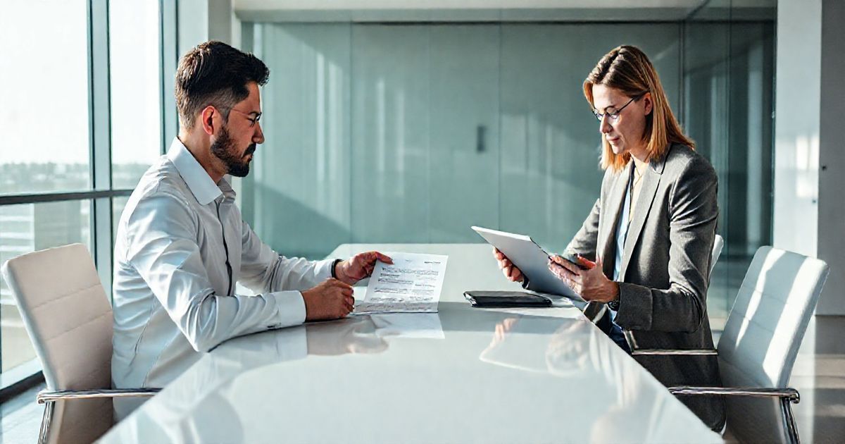 Loan officer explaining default clauses in a personal loan contract to a concerned borrower with a legal advisor viewing highlighted clauses on a tablet in a modern office
