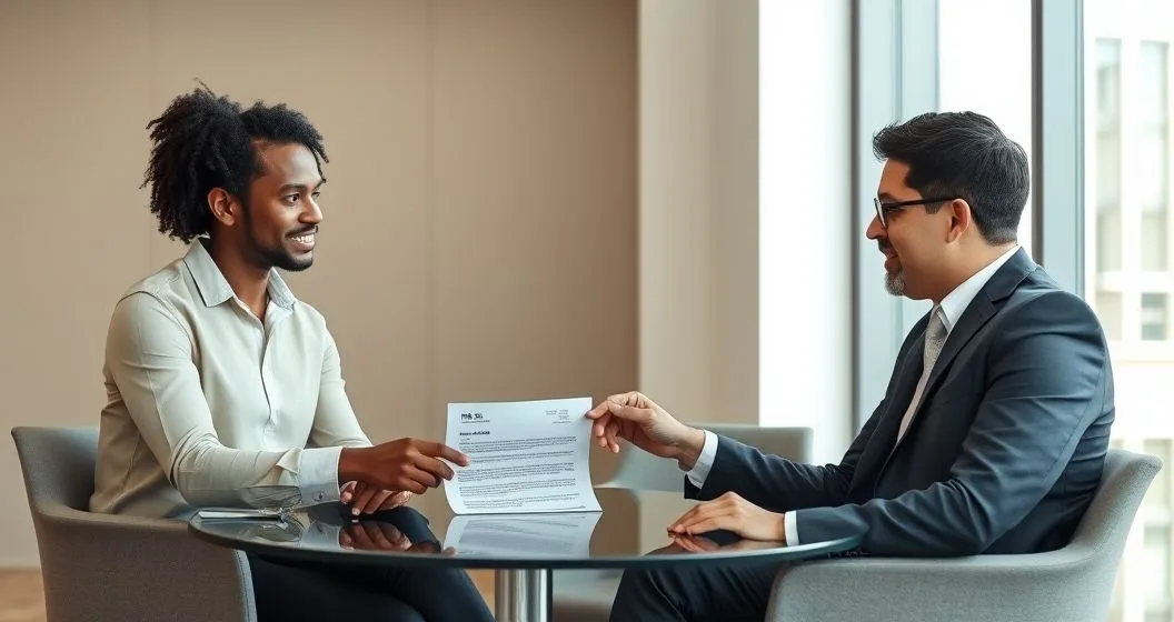 Tax advisor explaining IRS notice codes to a client, showing CP2000 and CP501 on a printed notice and tablet in a modern office