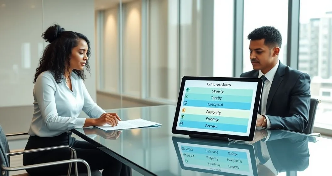 Two professionals in a glass conference room review a contract and a tablet showing a layered diagram of lien priority one points to a layer while the other takes notes