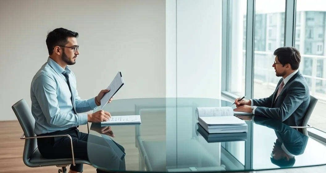 Split scene in a modern office showing a business owner handing invoices to a third party on the left and signing a loan agreement with invoices kept on the right