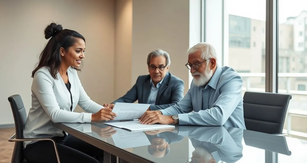 Estate attorney guiding an older client signing an irrevocable trust document at a clean modern conference table while a family member looks on