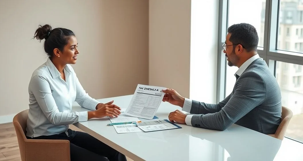 Tax advisor points at a printed Schedule A with receipts and bills on a clean office table while explaining deductible and non deductible expenses to a client.