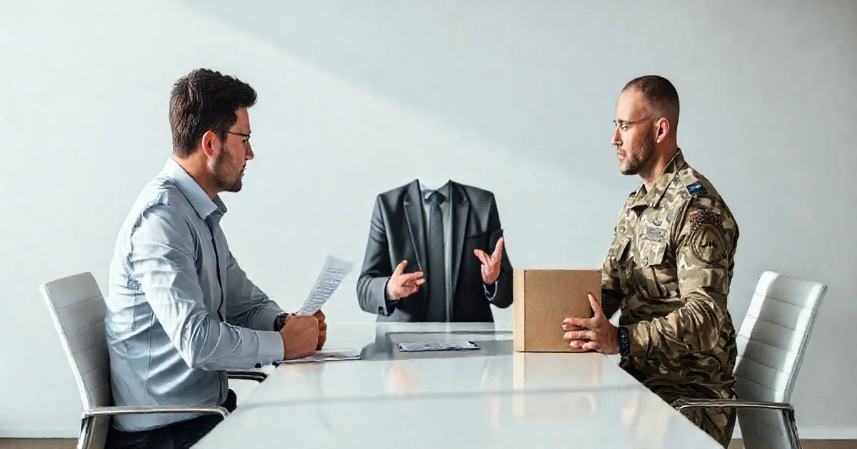 Tax advisor meets with a civilian job seeker holding receipts and an active duty service member holding a small moving box to discuss deductible moving and job search expenses