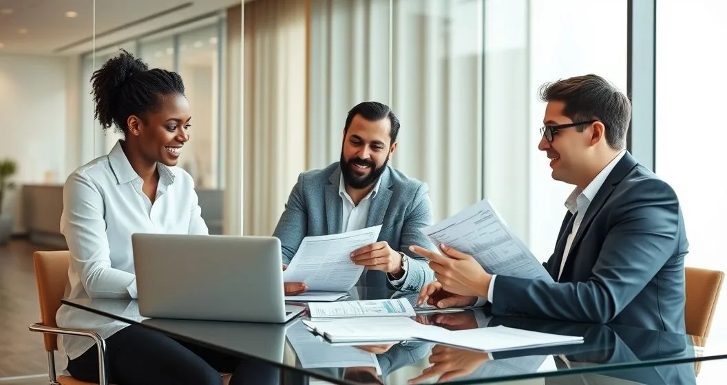 Two applicants and a loan officer reviewing income statements credit reports and liability documents in a modern conference room