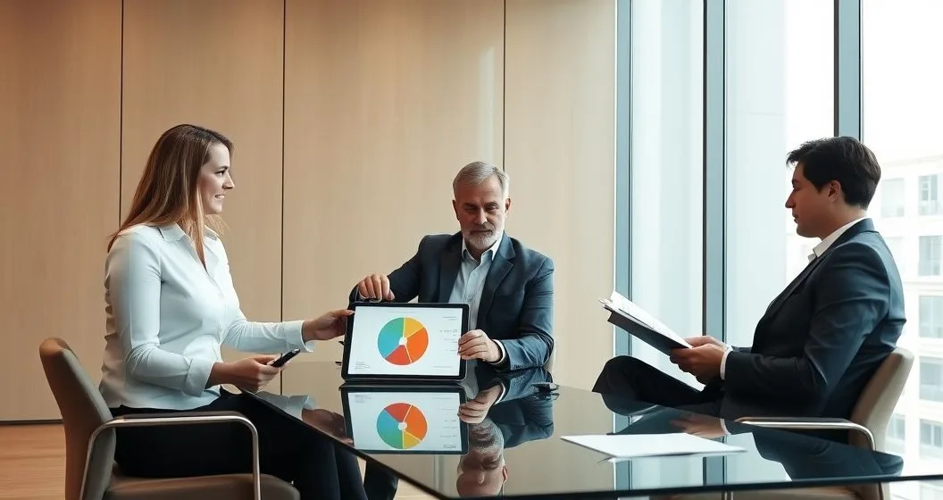 Two former spouses and a mediator in a modern law firm conference room reviewing a tablet with a pie chart representing refund allocation