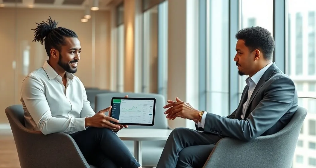Two diverse co borrowers and a financial advisor at a conference table reviewing a tablet showing linked profiles and a joint loan dashboard in a modern office