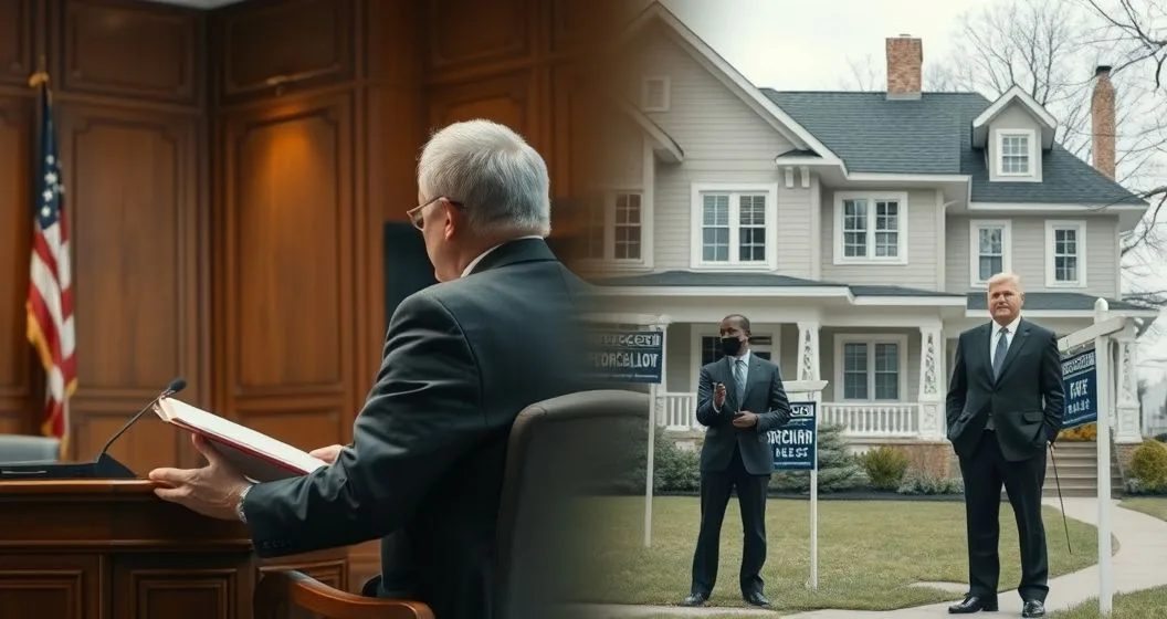 Split photorealistic scene. Left side courtroom with a lender attorney presenting a mortgage case to a judge. Right side an outdoor trustee sale in front of a house with a trustee and auctioneer preparing a sale. Clean modern professional setting, no readable text.