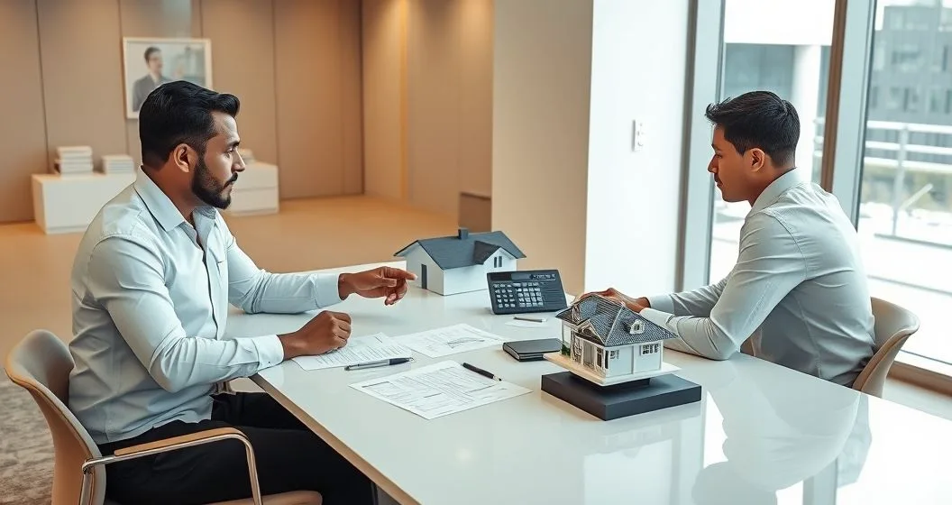 Mortgage specialist reviews bank statements and documents with a diverse couple across a conference table with a home model and calculator