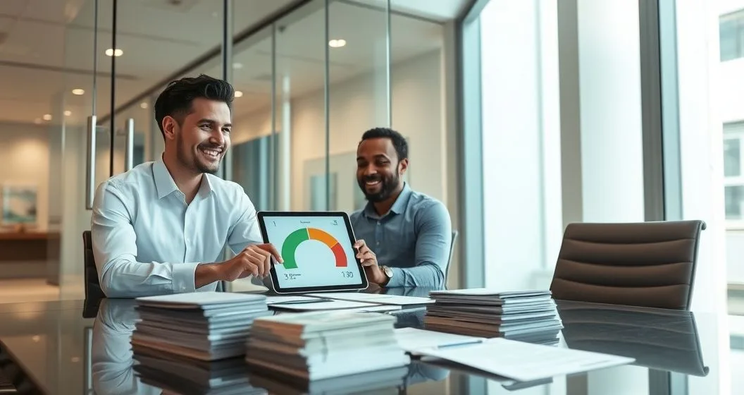 Mortgage underwriter and borrower reviewing a tablet credit graphic with stacks of cash and organized loan documents on a conference table in a modern office
