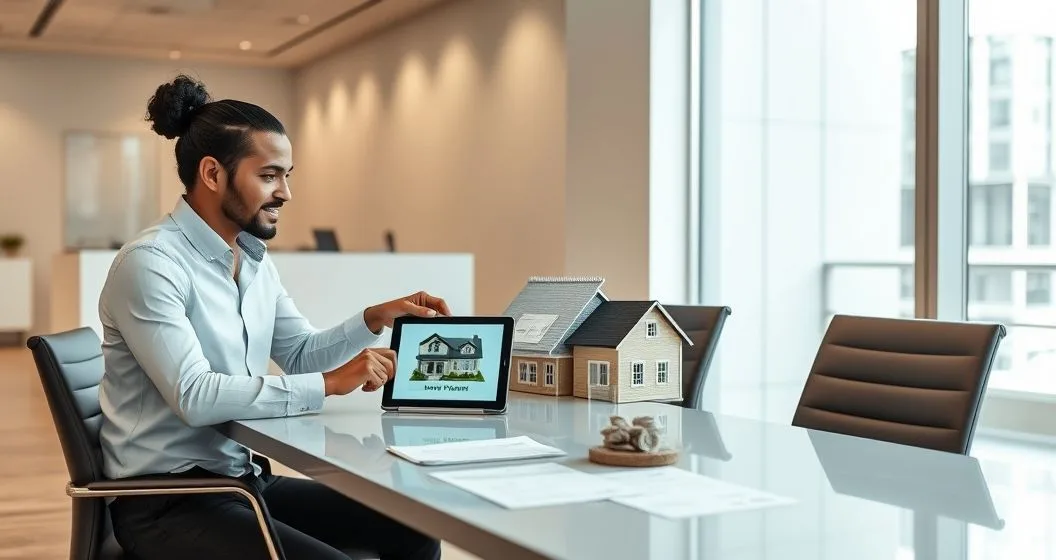Mortgage officer and couple reviewing a tablet showing a house model and emphasized large down payment with income documents on a minimalist conference table in a modern bank office.